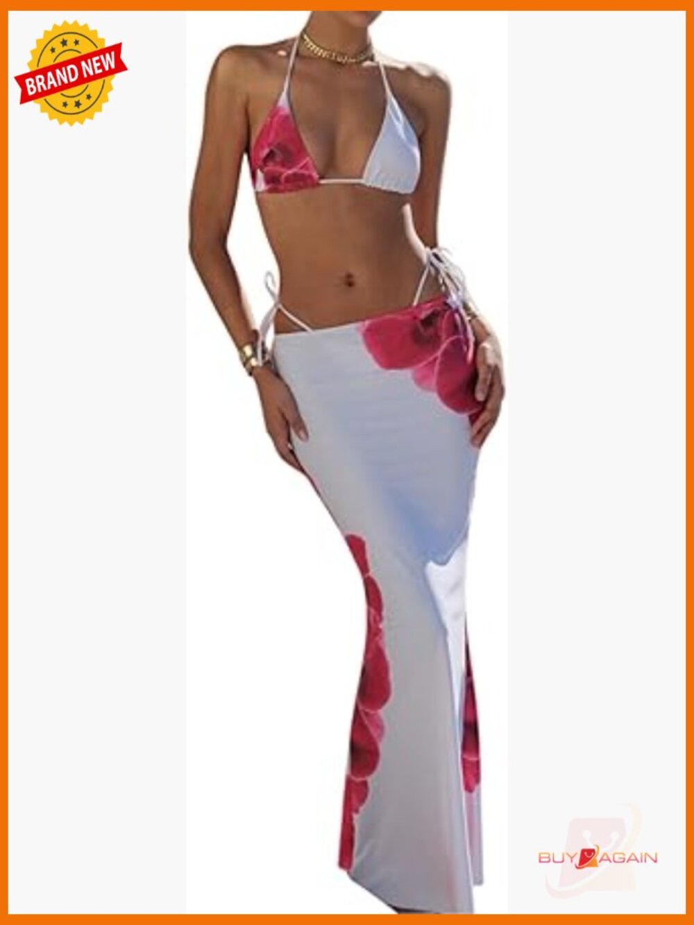 High Slit Maxi Skirt Bikini Set Halter Tie Side Beach Cover Up